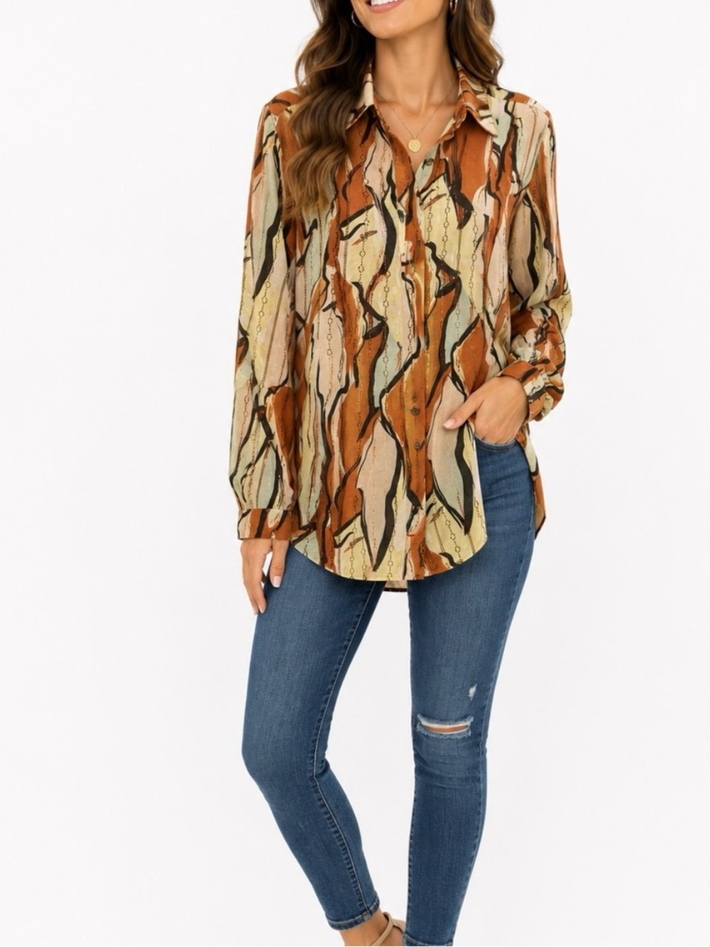 Relaxed Fit Abstract Print Button-Down Shirt in Brown Multi